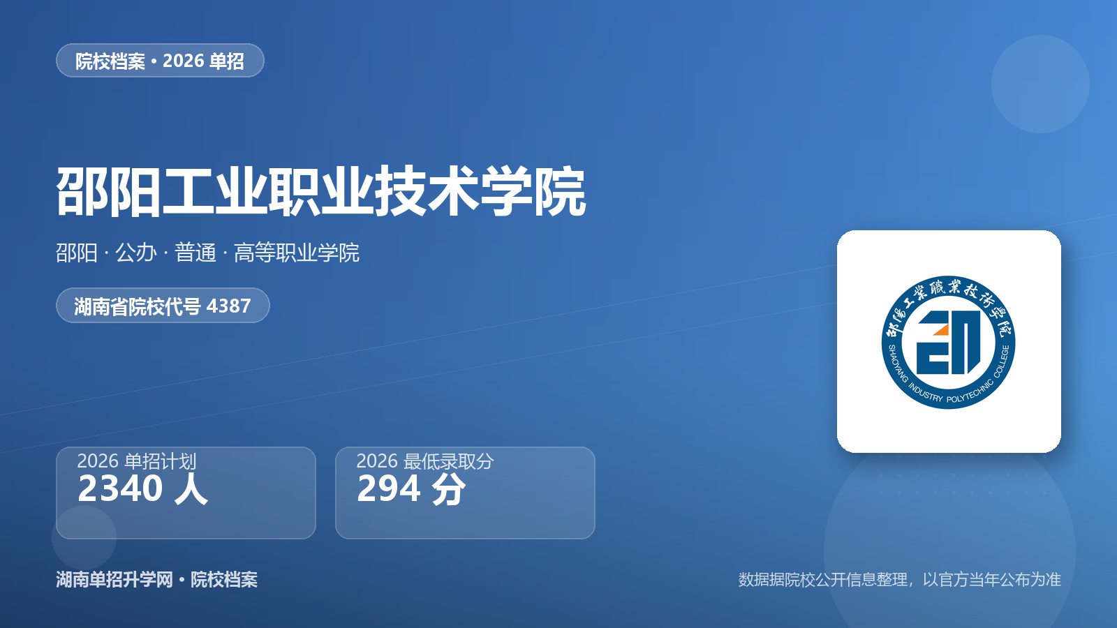 邵阳工业职业技术学院 单招报考档案（2026）